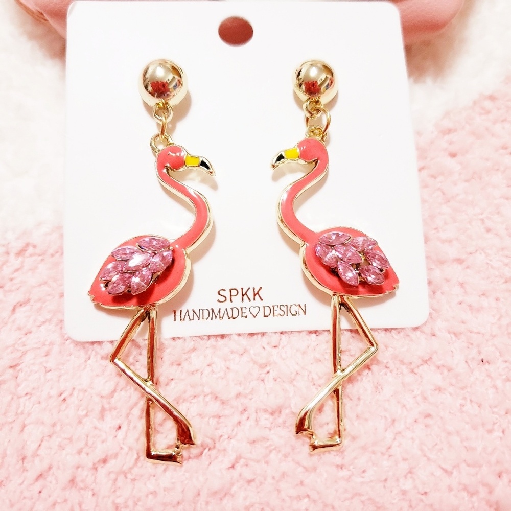 💓Cute Pink Flamingo Stud Gold Earrings